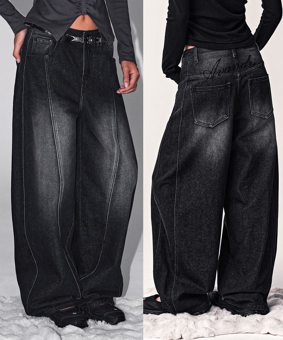 어반드레스(AVANDRESS) Logo Needle Point Balloon Denim Pants BLACK