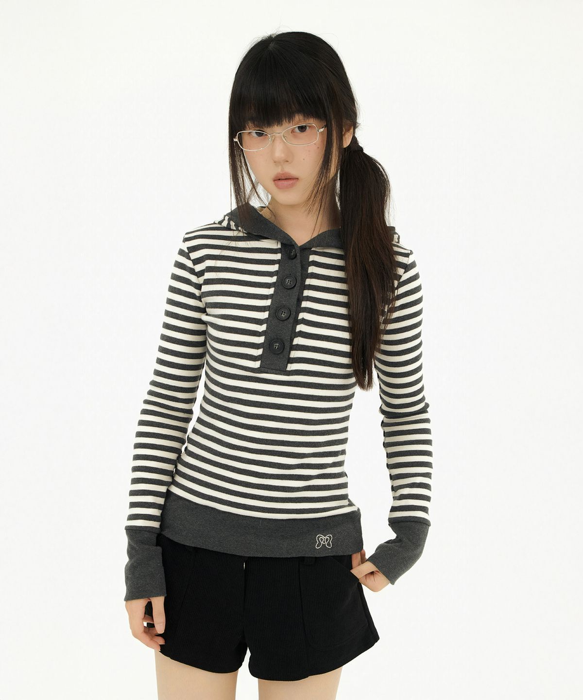 미레코(MIRECO) STRIPE LINE HOODIE T-SHIRT CHARCOAL