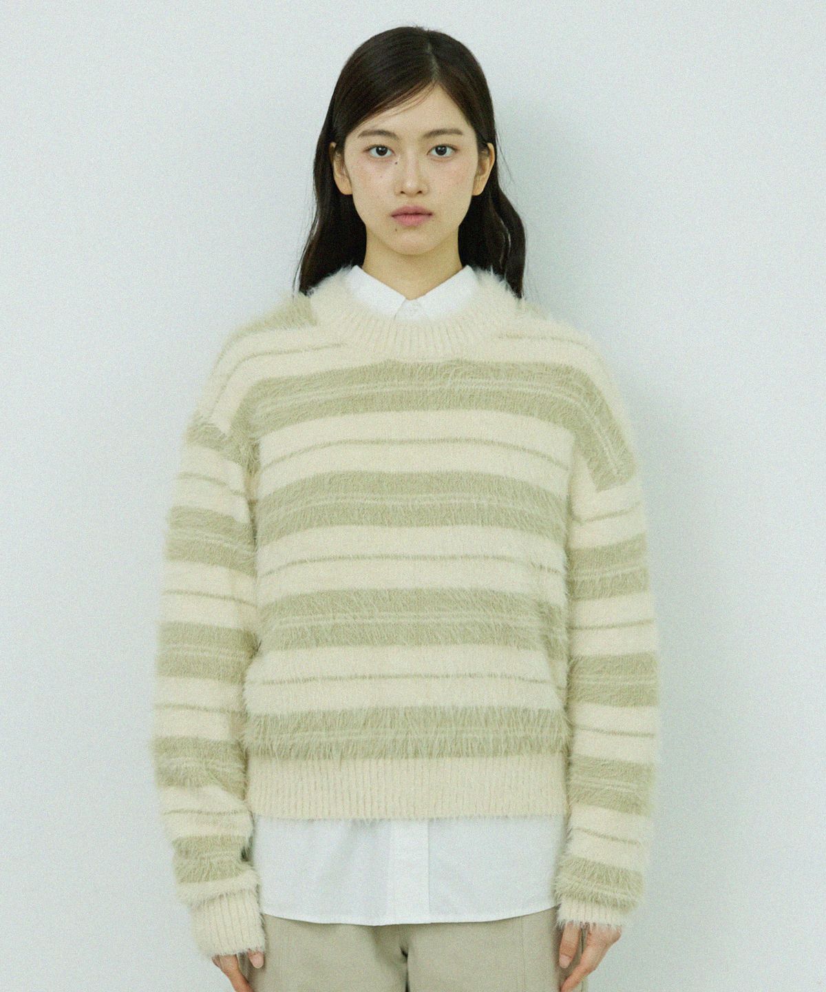 꼬모니노즈(COMONINOZ) W HAIRY STRIPE PULLOVER SWEATER [IVORY]