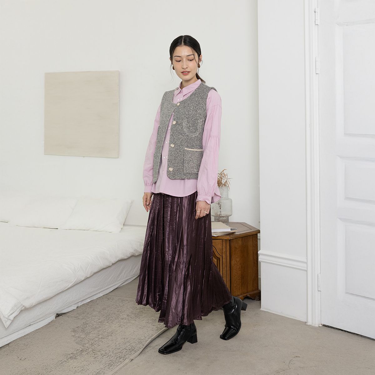 랭썬(LANGSON) LS_Purple shiny pleated skirt