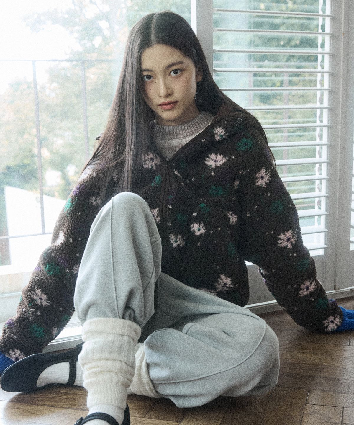꼬모니노즈(COMONINOZ) W PATTERN FLEECE JACKET [DEEP BROWN]