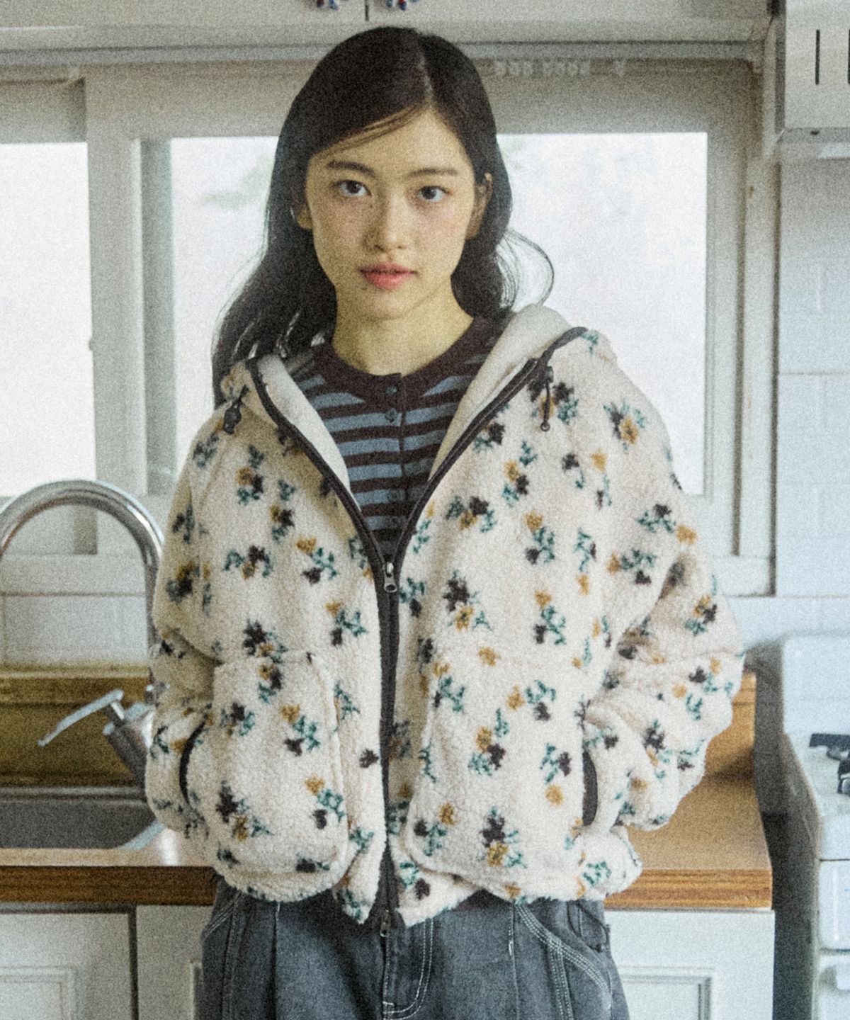 꼬모니노즈(COMONINOZ) W PATTERN FLEECE JACKET [IVORY]