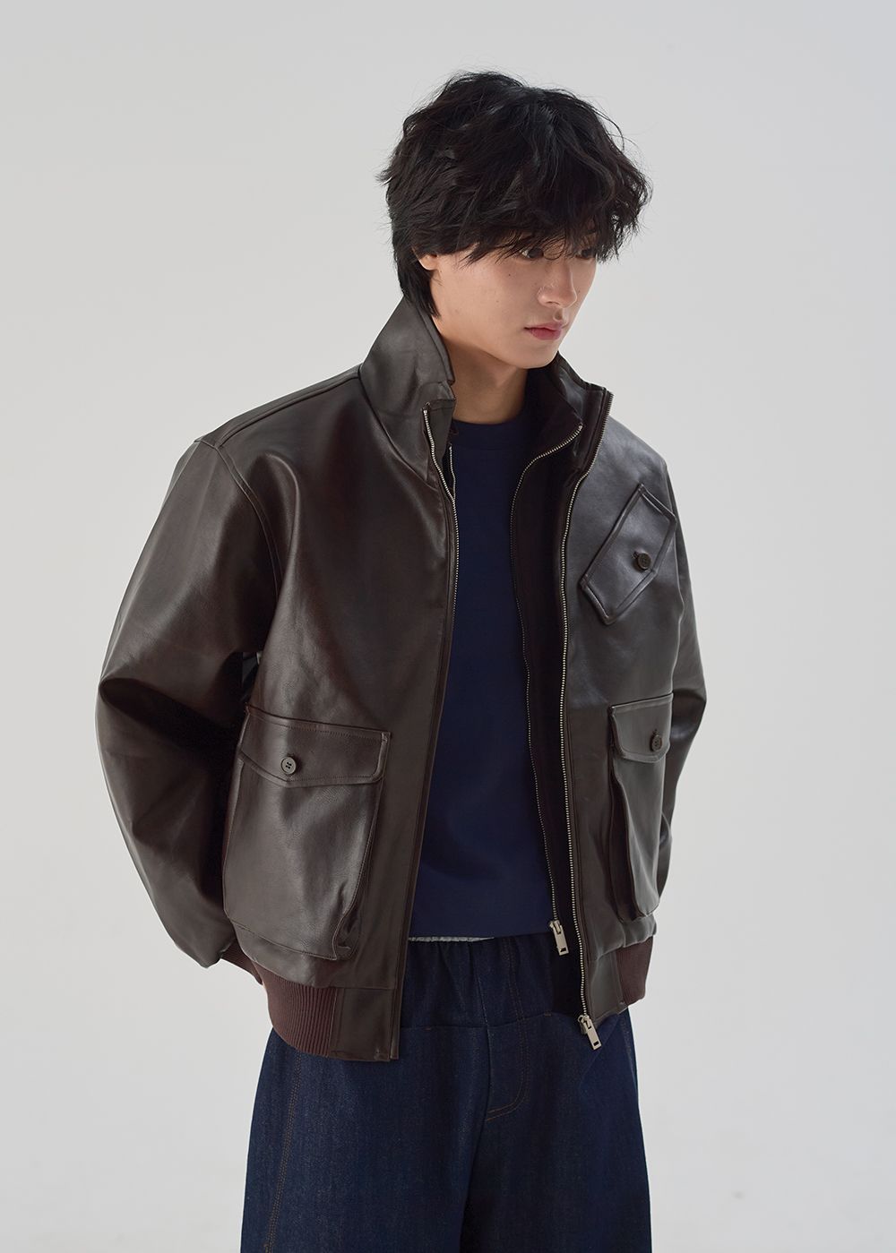 MUSINSA公式 | OWSA ハイネックレイヤードレザージャケット2カラー