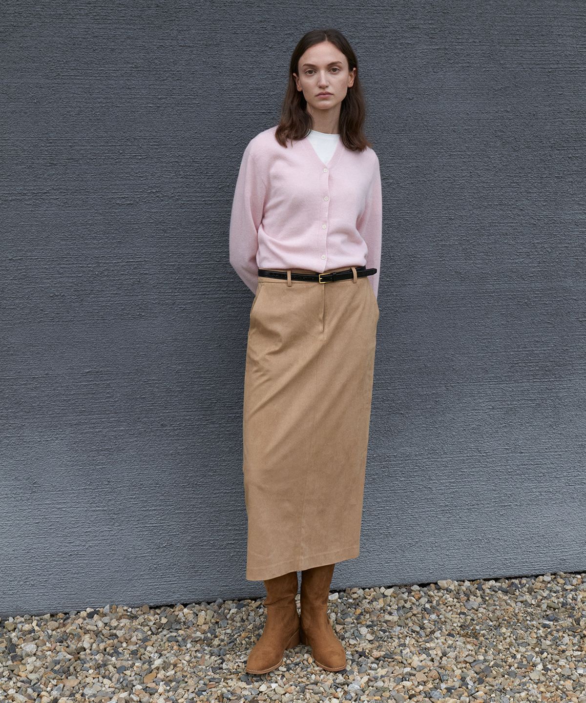 스텝어라운드(STEP AROUND) Suede H-line skirt_BEIGE