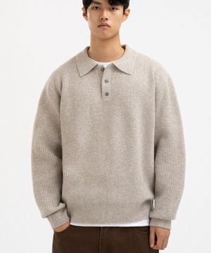 버튼 카라 니트 라이트베이지