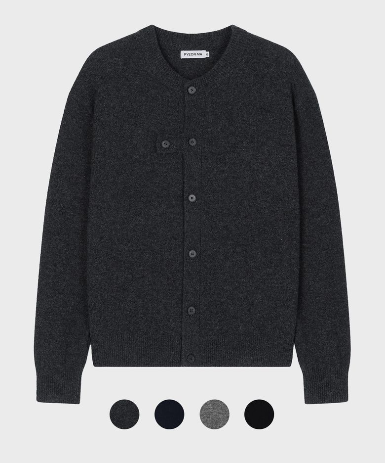 Merino Wool 100 Round Neck Tab Cardigan - (4 Color)