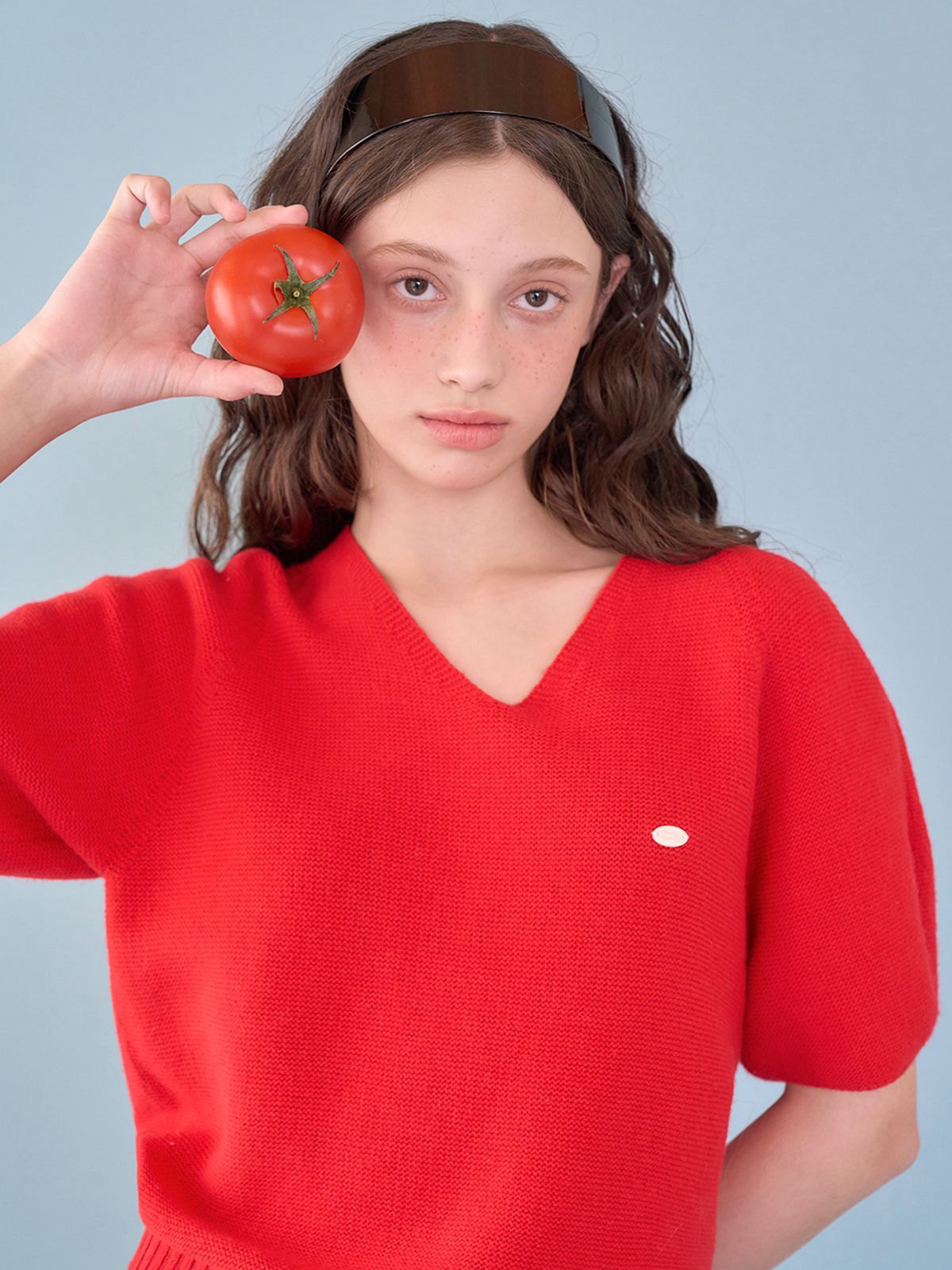 어패럴아카이브(APPAREL ARCHIVE) Paul v-neck half puff knit_Red