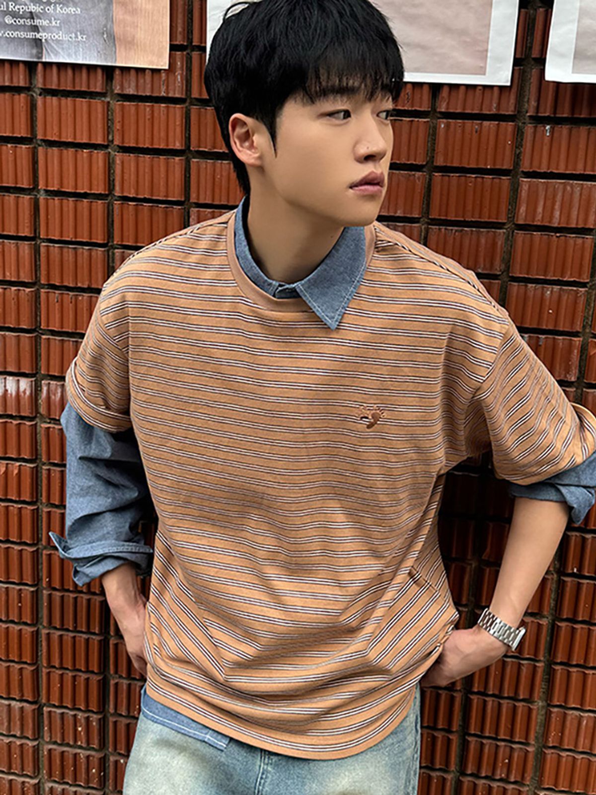행텐(HANGTEN) 행텐X발코 남성 멀티 스트라이프 반팔 티셔츠_183(10540-031-894-45)