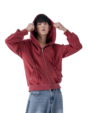 Pigment Split Hoodie Zip-Up  Deep Red