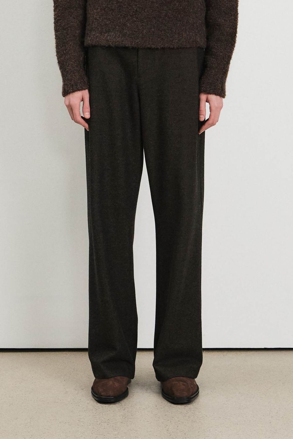 쿠메(KUMÉ) Men Wool Blend Wide Pants, Brown