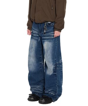 Washed Zipper Slit Denim Pants (Blue)