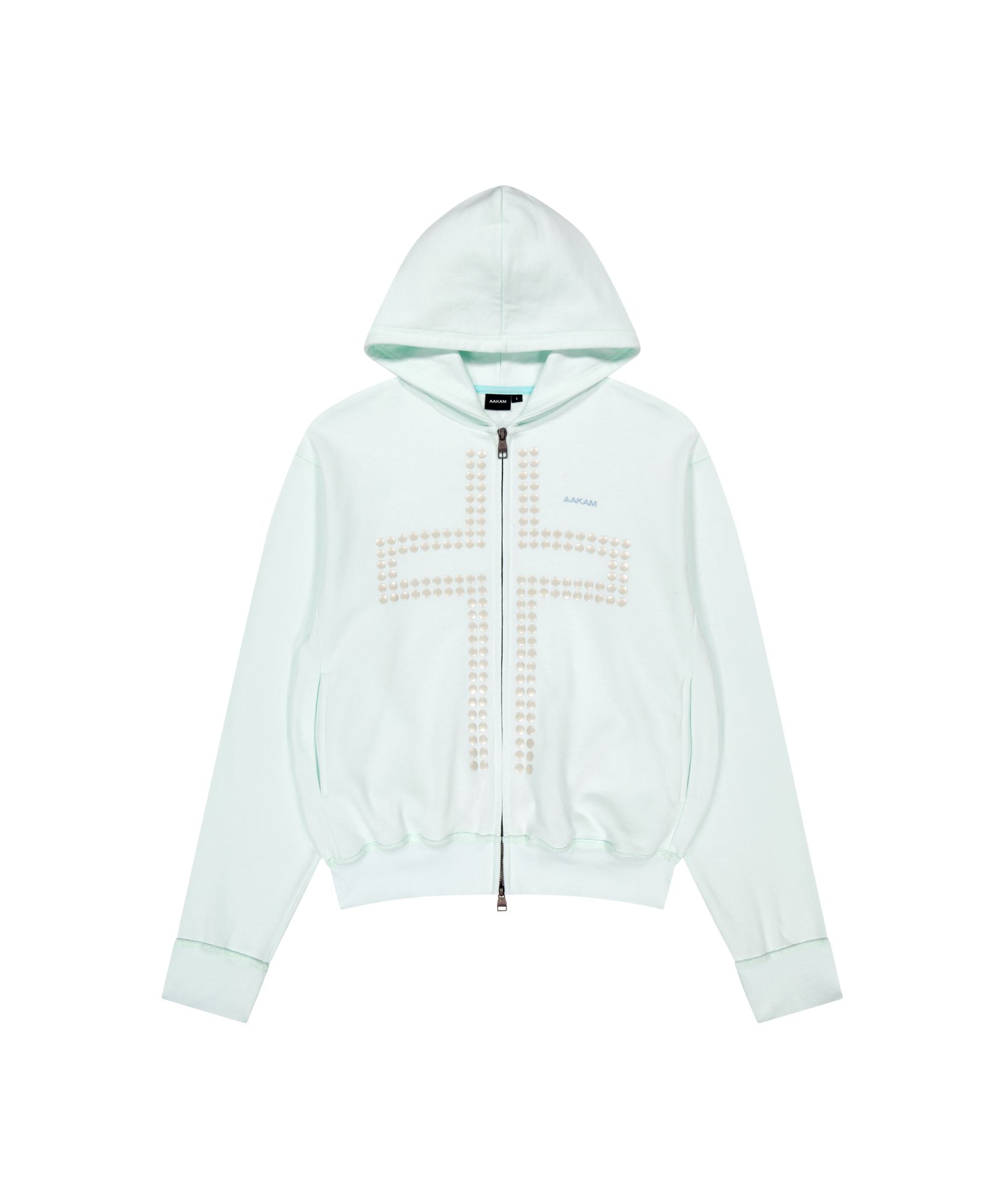 MUSINSA公式 | AAKAM Cross Rhinestone Zip-Up Hoodie (Ice Blue)