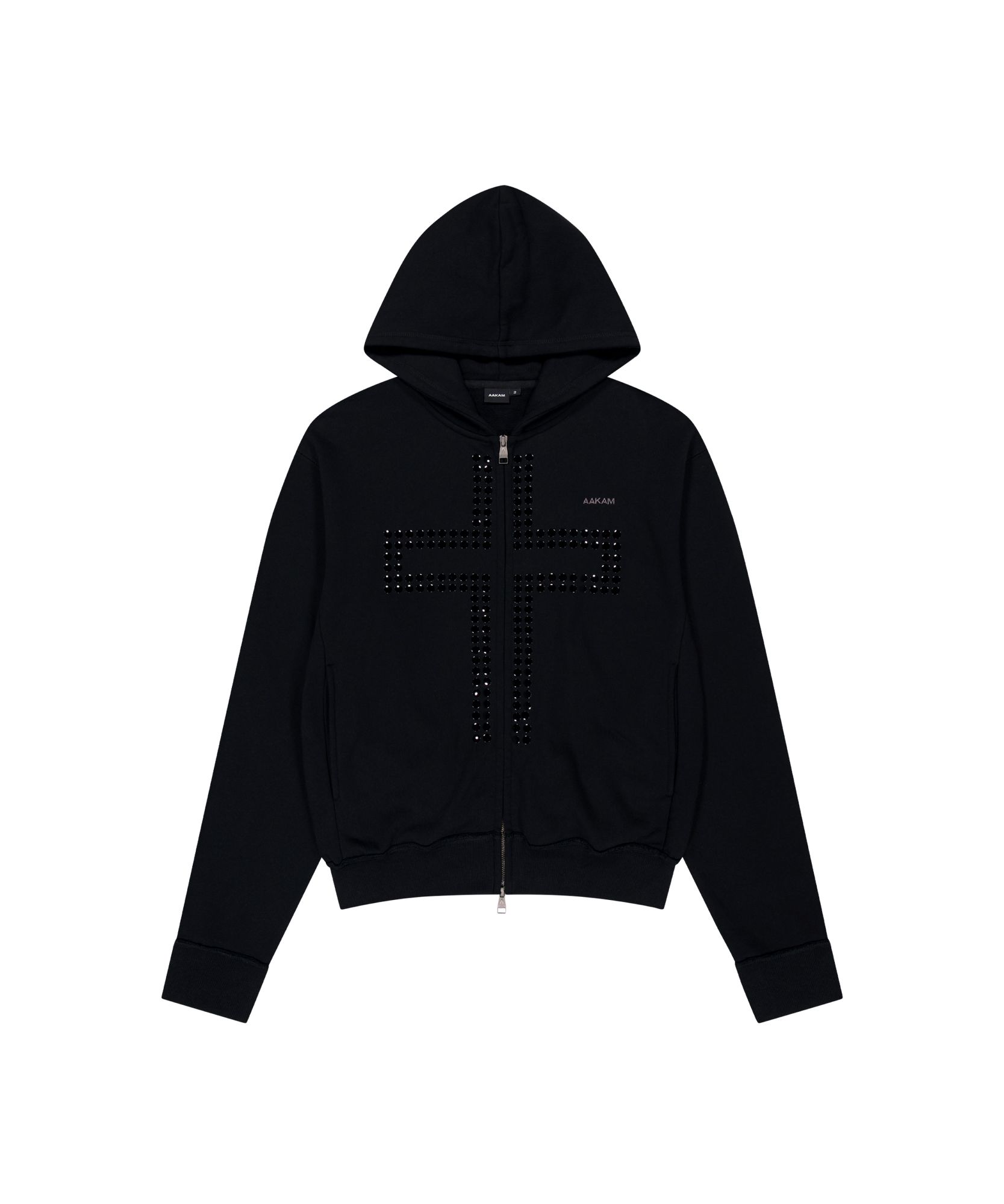 MUSINSA | AAKAM Cross Rhinestone Zip-Up Hoodie (Black)