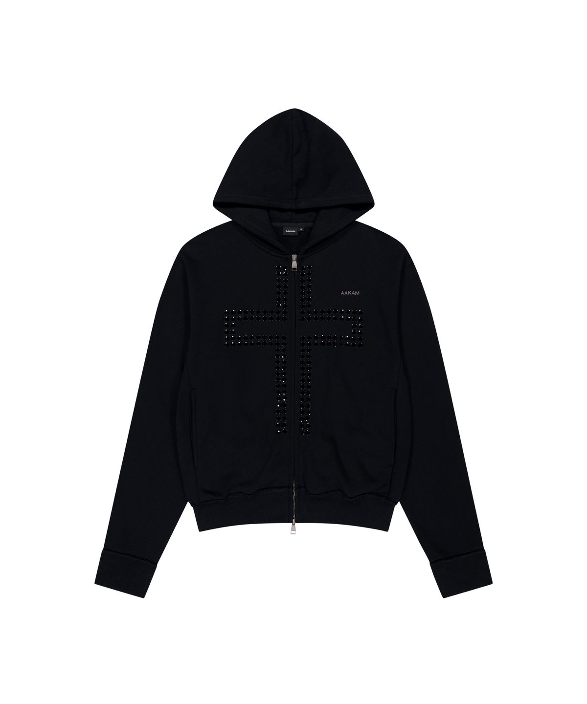 아캄(AAKAM) Cross Rhinestone Zip-Up Hoodie (Black)