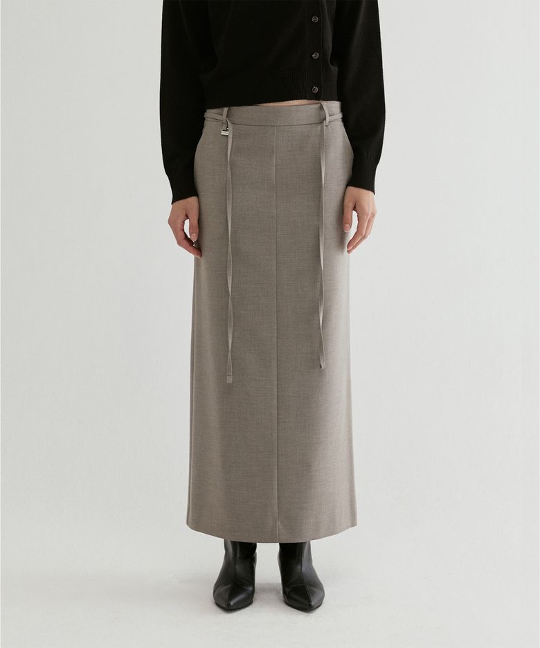 Belted Straight Maxi Skirt Gray