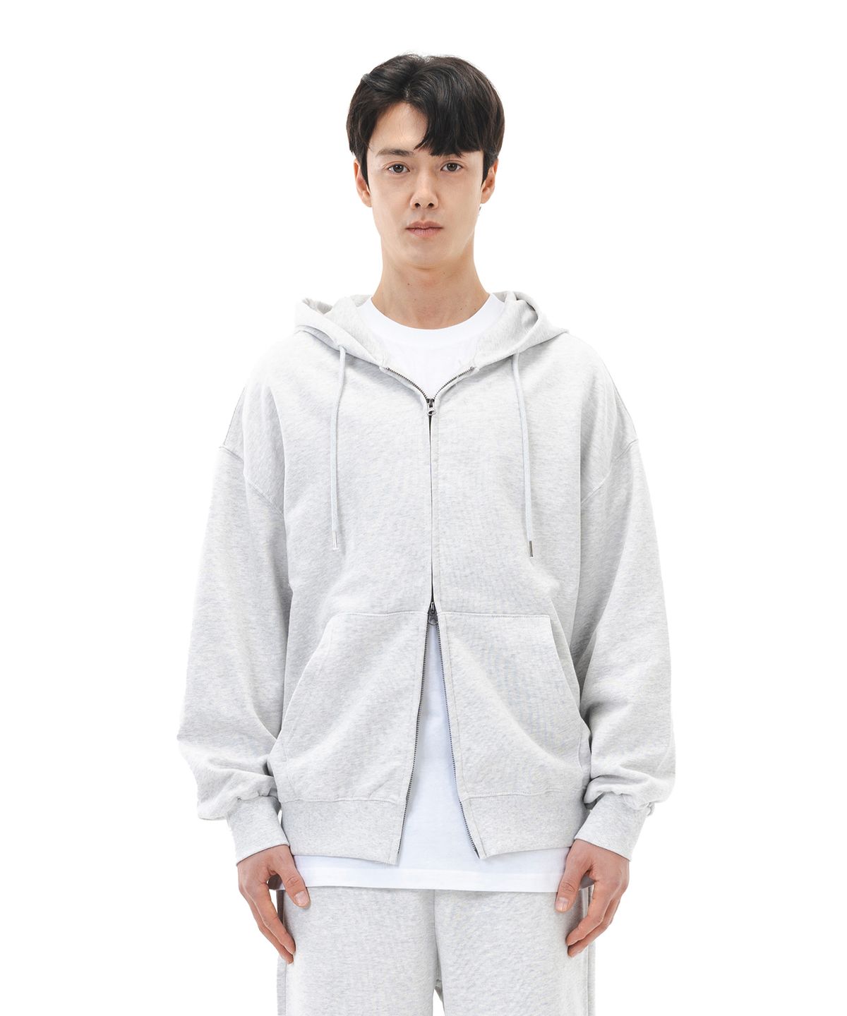 르커스텀(LE CUSTOM) 더에센셜 오버핏 무지 투웨이 후드집업 (라이트 멜란지)