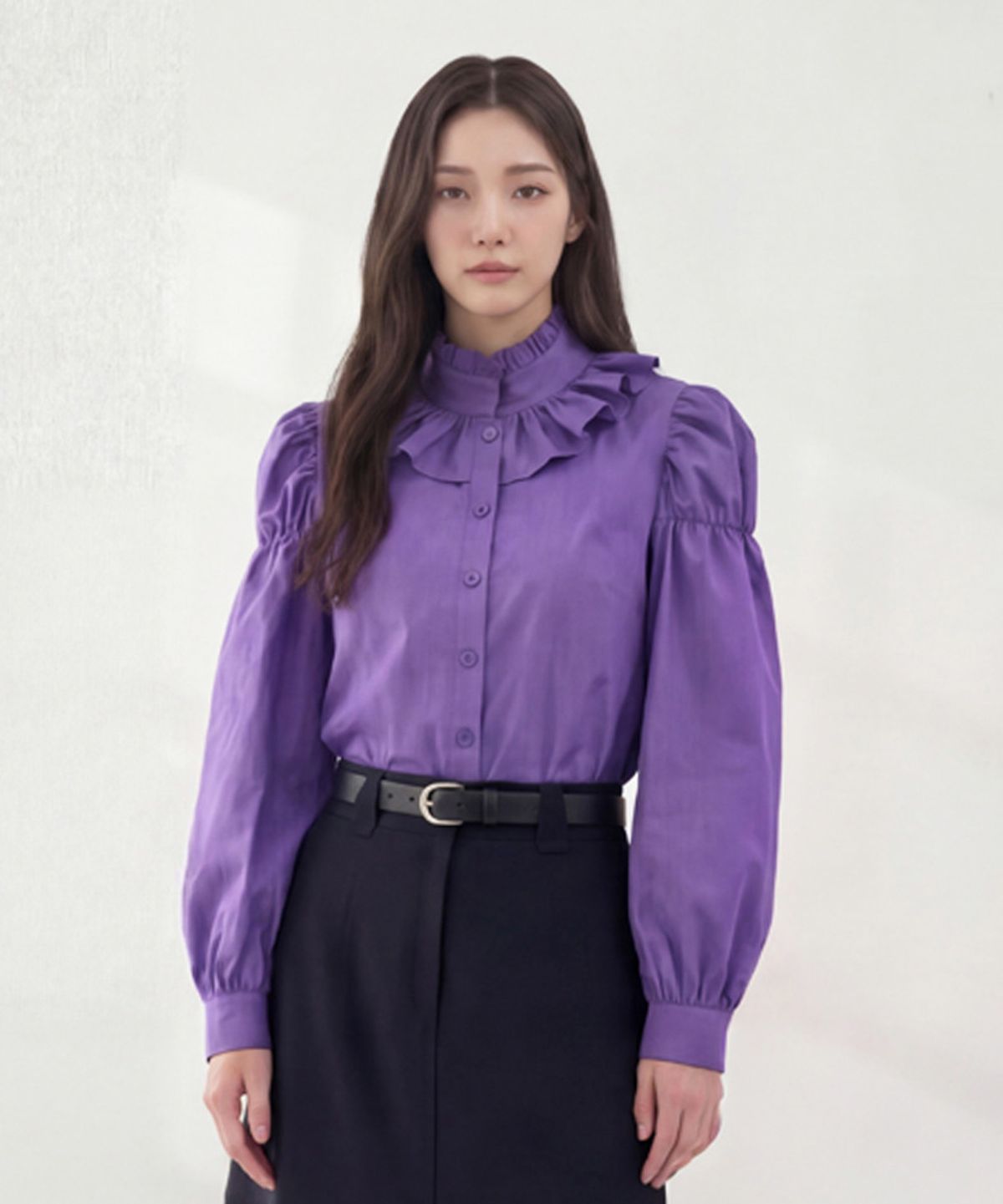 엘바이엘(LBYL) 퍼플 코튼 넥프릴 로맨틱 블라우스