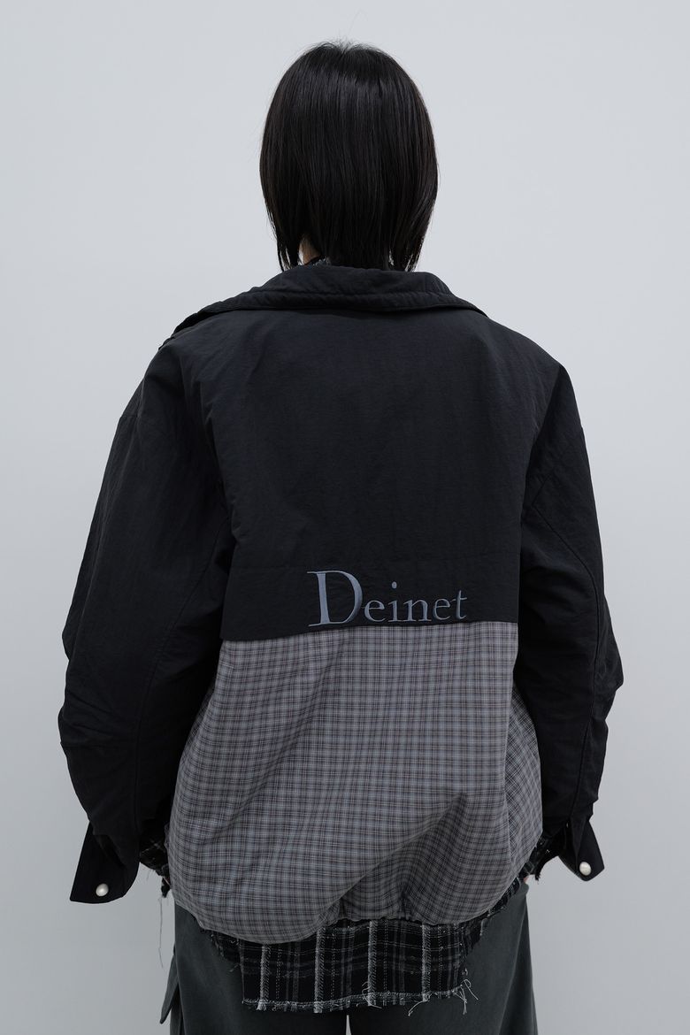 DEINET CHECK CONTRAST BOMBER JACKET IN BLACK