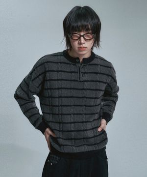 소프트 스트라이프 헨리넥 니트 - 블랙