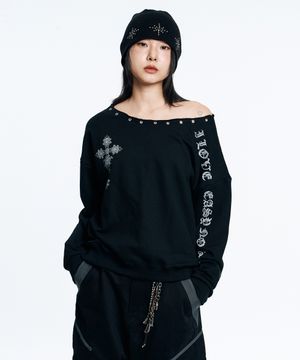 고딕 원숄더 스웨트 셔츠-블랙