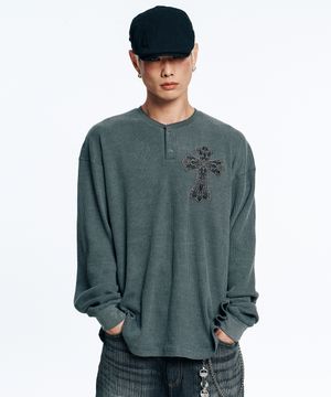 크로스 와플 헨리넥 롱슬리브-차콜