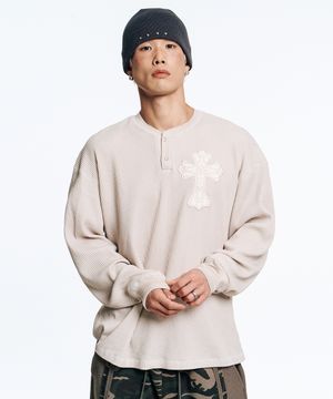 크로스 와플 헨리넥 롱슬리브-크림