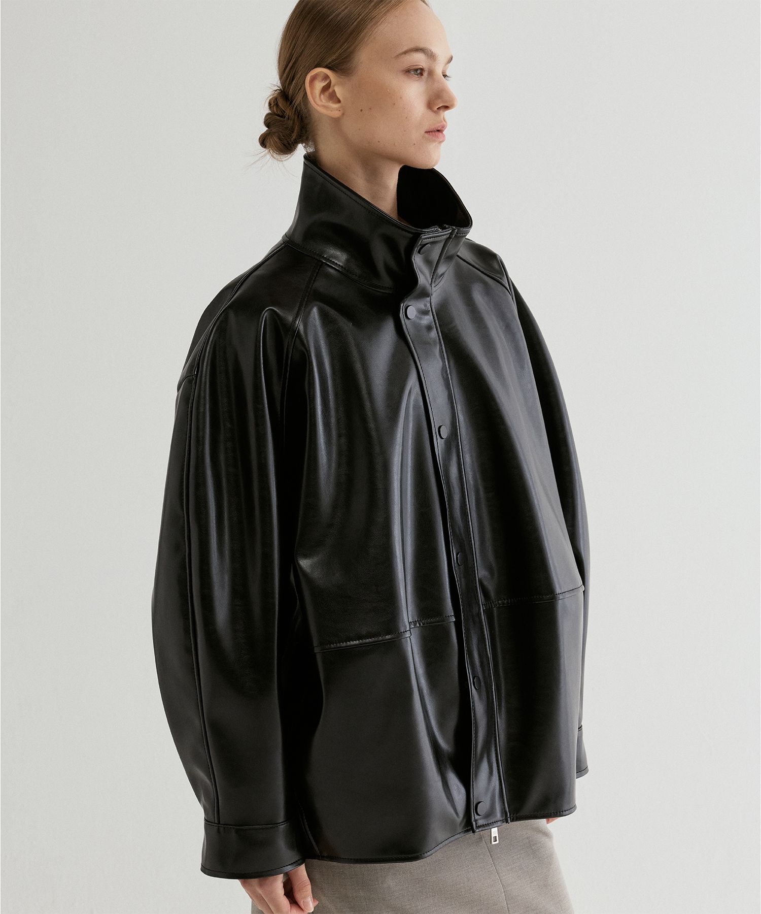 MUSINSA | FROMWHERE Pleated Back Faux Leather Jacket Black