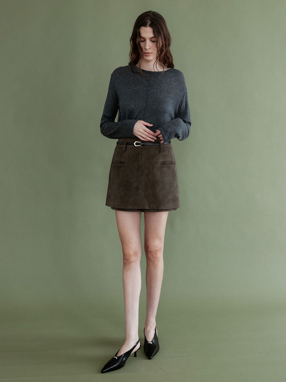 루에브르(LOEUVRE) Belted H-Line Mini Skirt (Faux Suede / Faux Leather) SL6XS141_3color