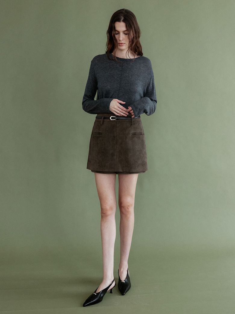 Belted H-Line Mini Skirt (Faux Suede / Faux Leather) SL6XS141_3color