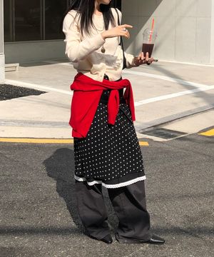 CHIFFON DOT MIDI SKIRT(BK)