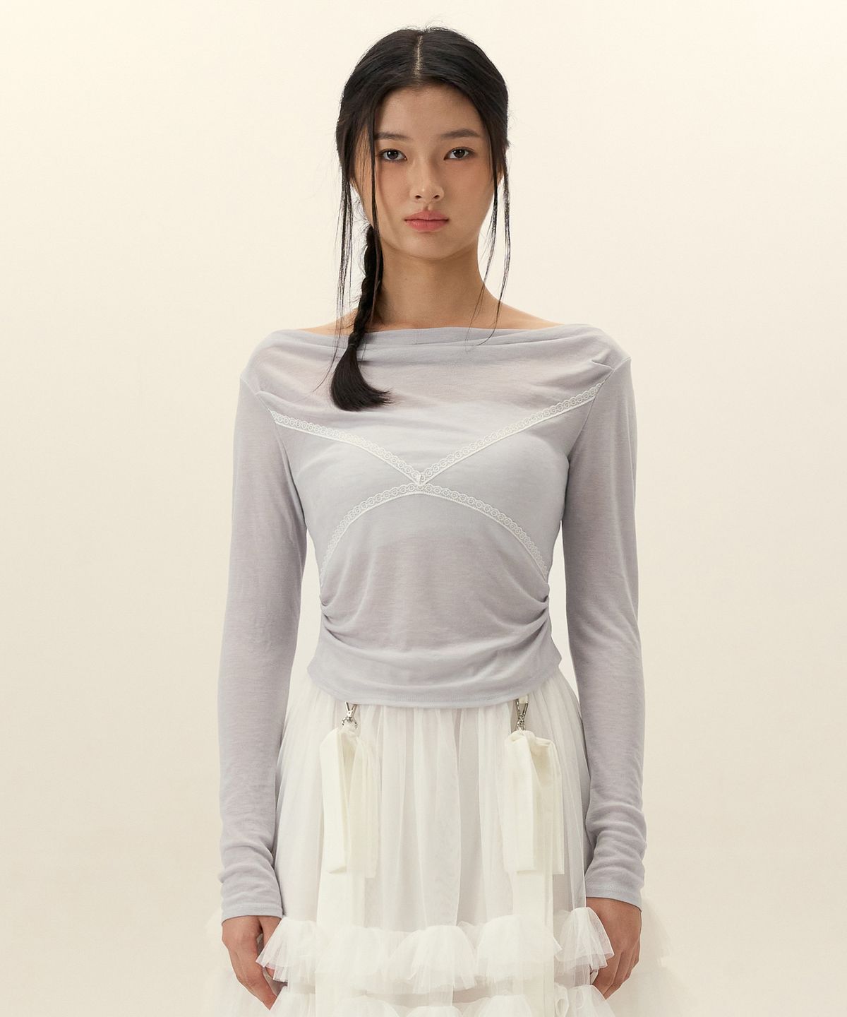 리메크(LIEMÉQUE) 시스루 보트넥 롱슬리브 그레이