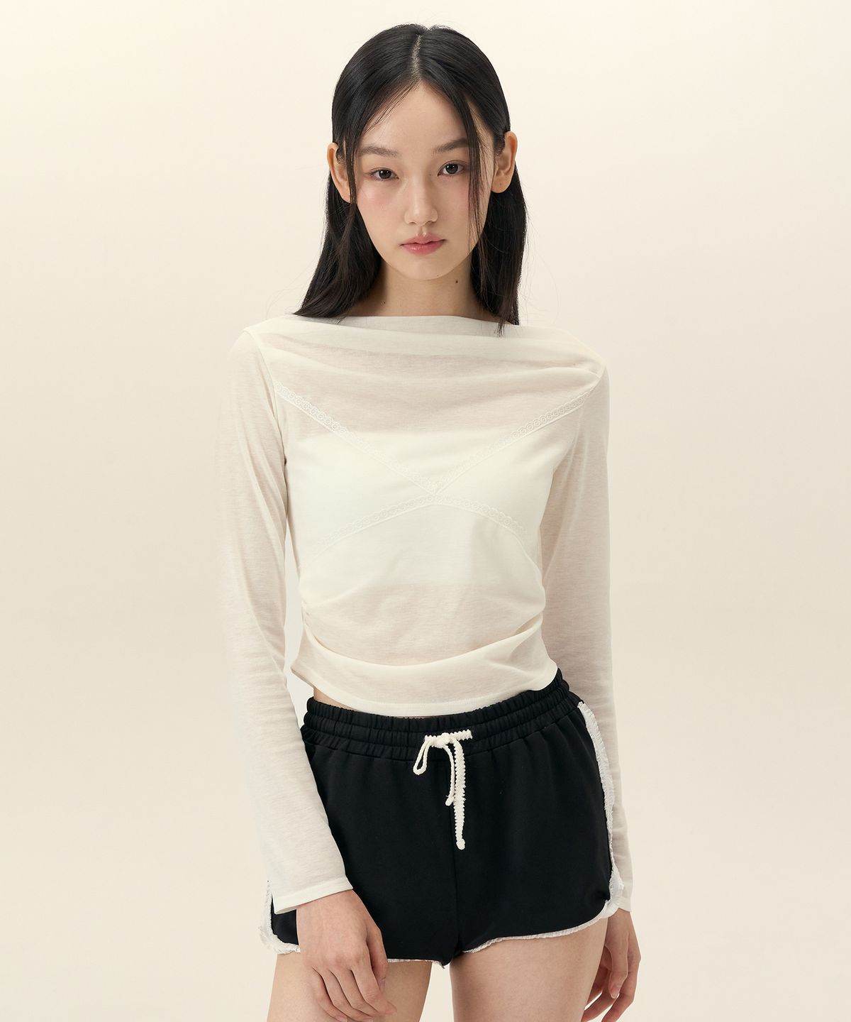 리메크(LIEMÉQUE) 시스루 보트넥 롱슬리브 화이트