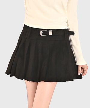 스웨이드 플리츠스커트 벨트세트_블랙