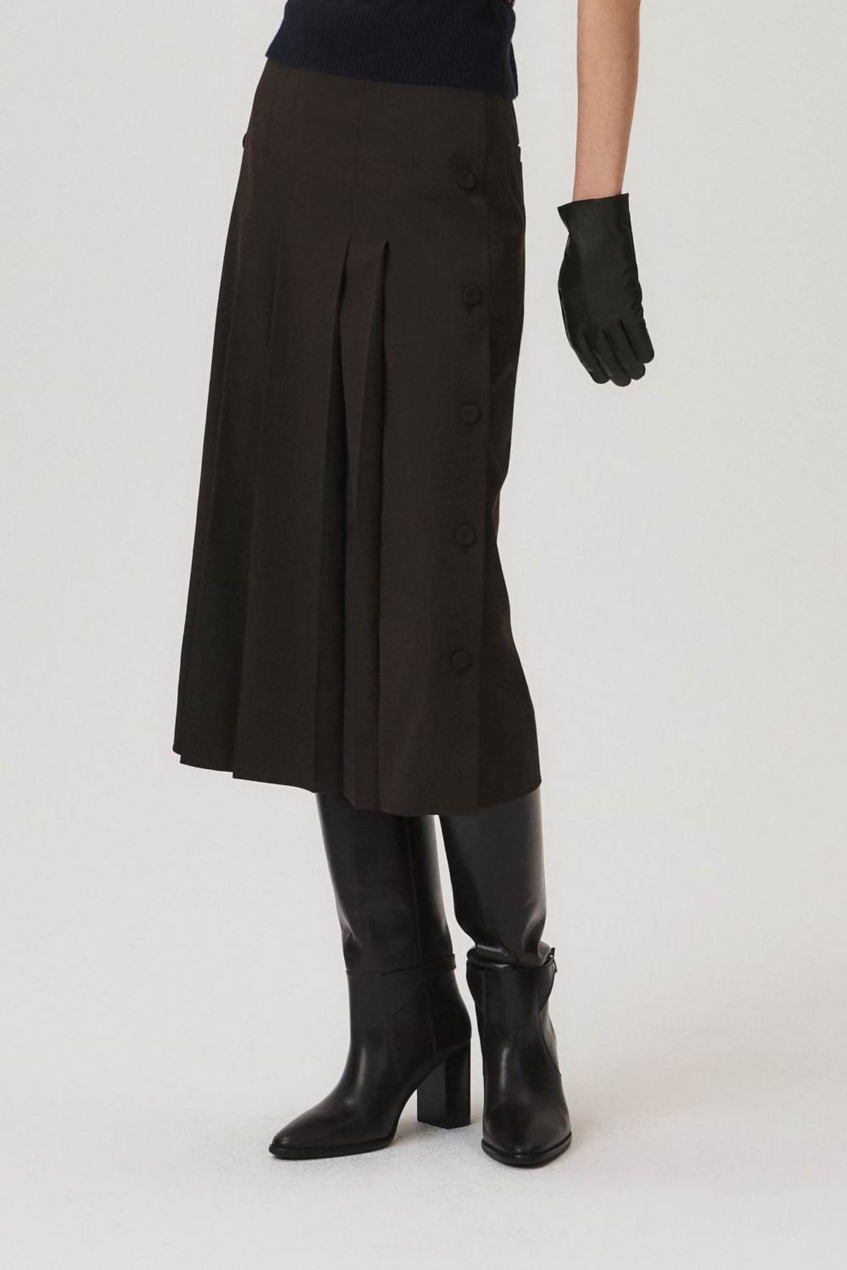 쿠메(KUMÉ) Wool Blend Side Button Skirt, Dark Brown