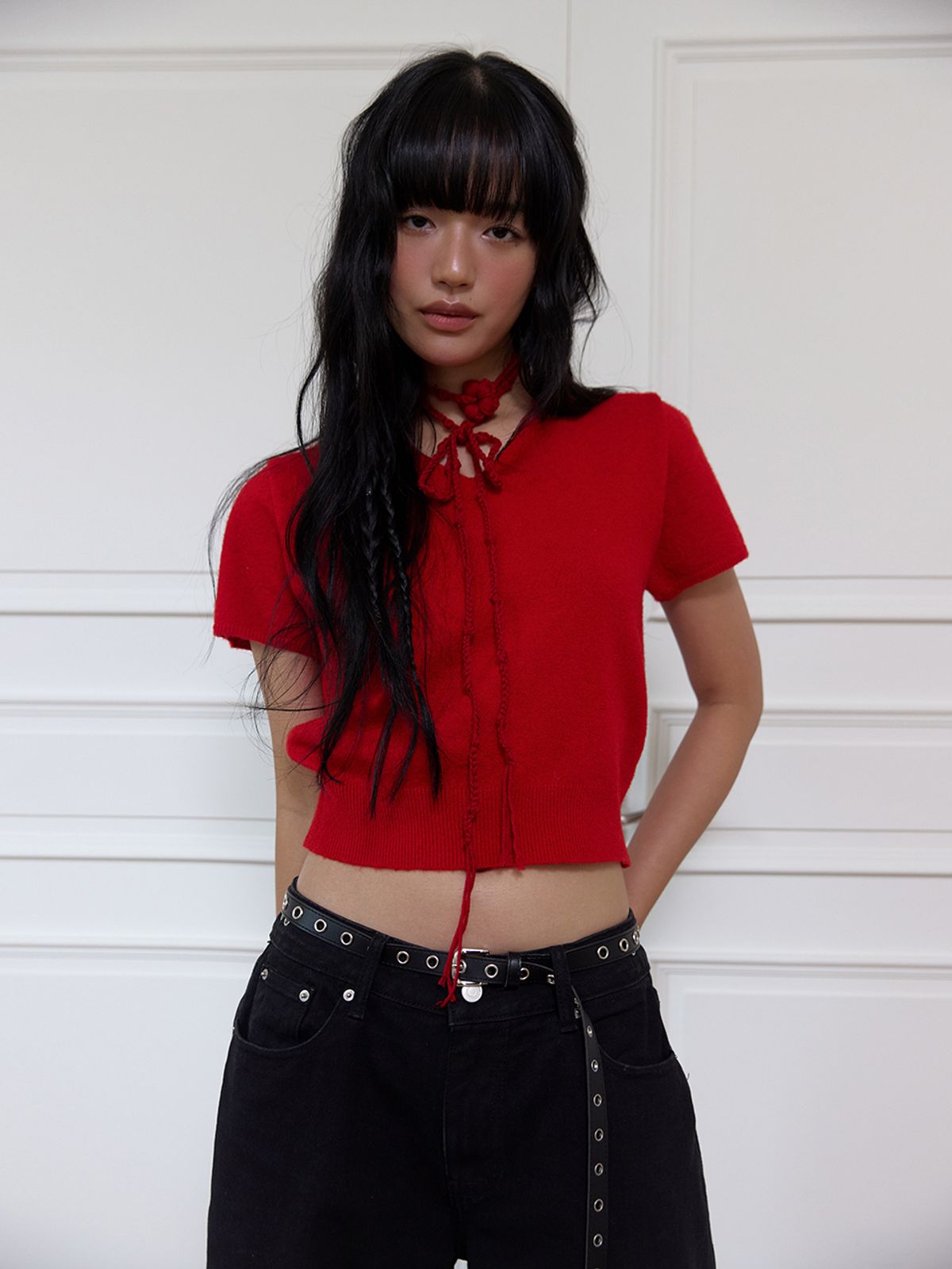 민더리(MEENDERI) FLOWER HALF SLEEVE KNIT - RED