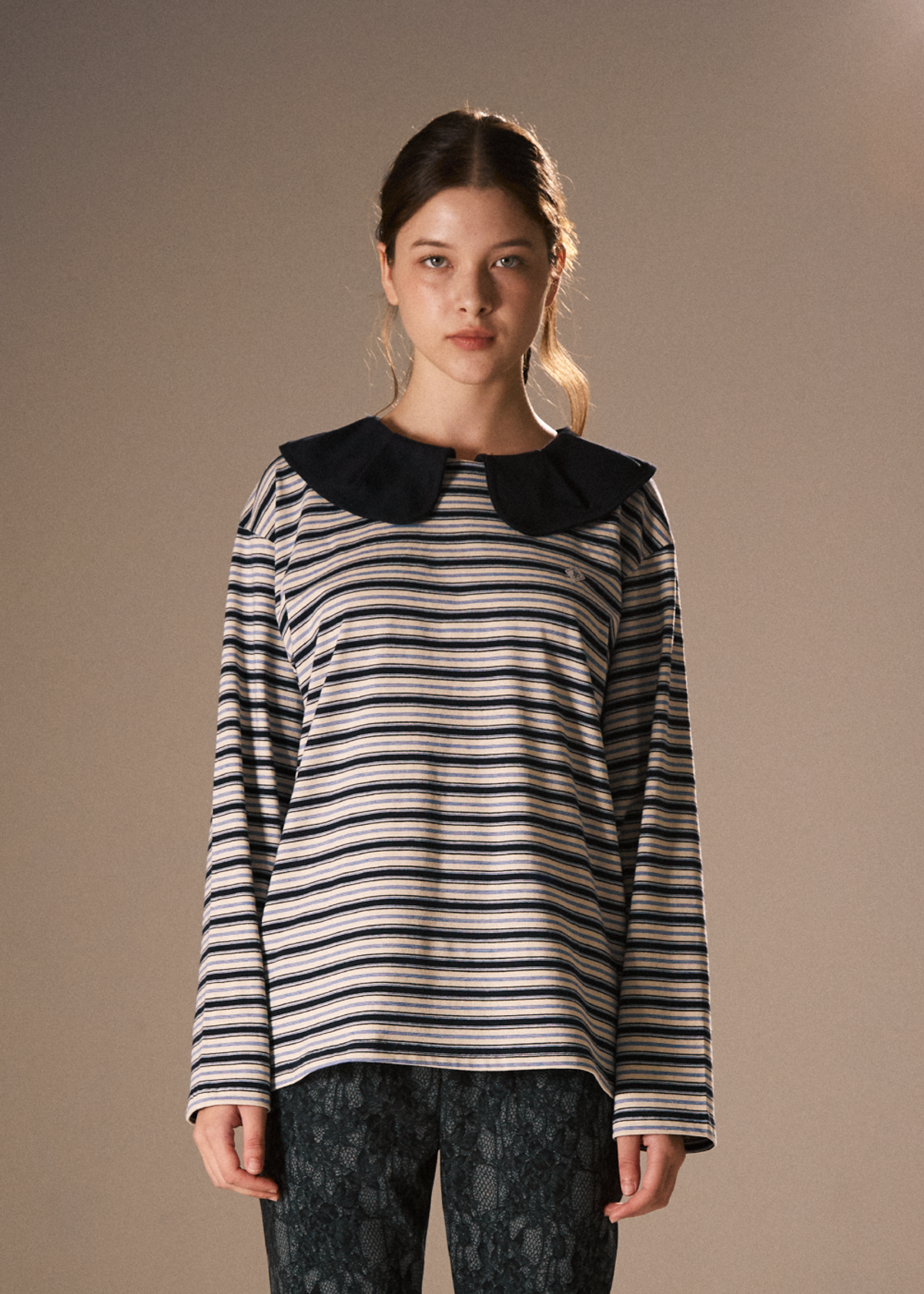 피브스피브스(PEEVES PEEVES) Stripe Big Collar Jersey Top / Navy