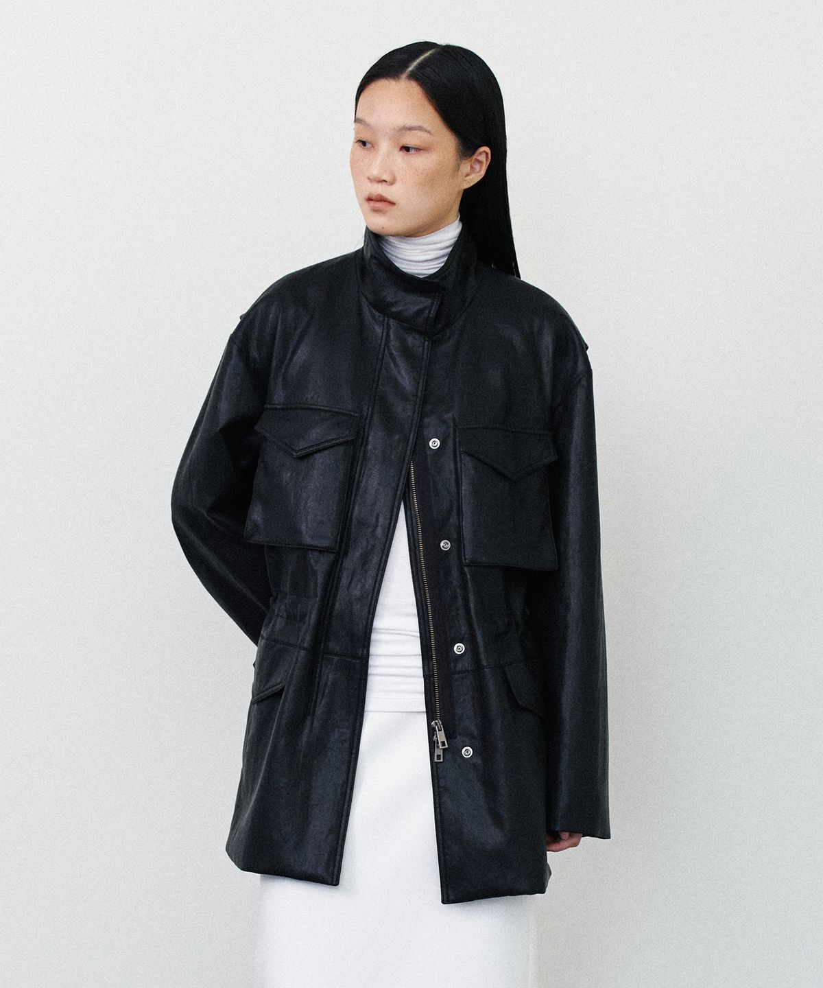 노티아(NOTIA) SAFARI HIGH NECK LEATHER JACKET - BLACK