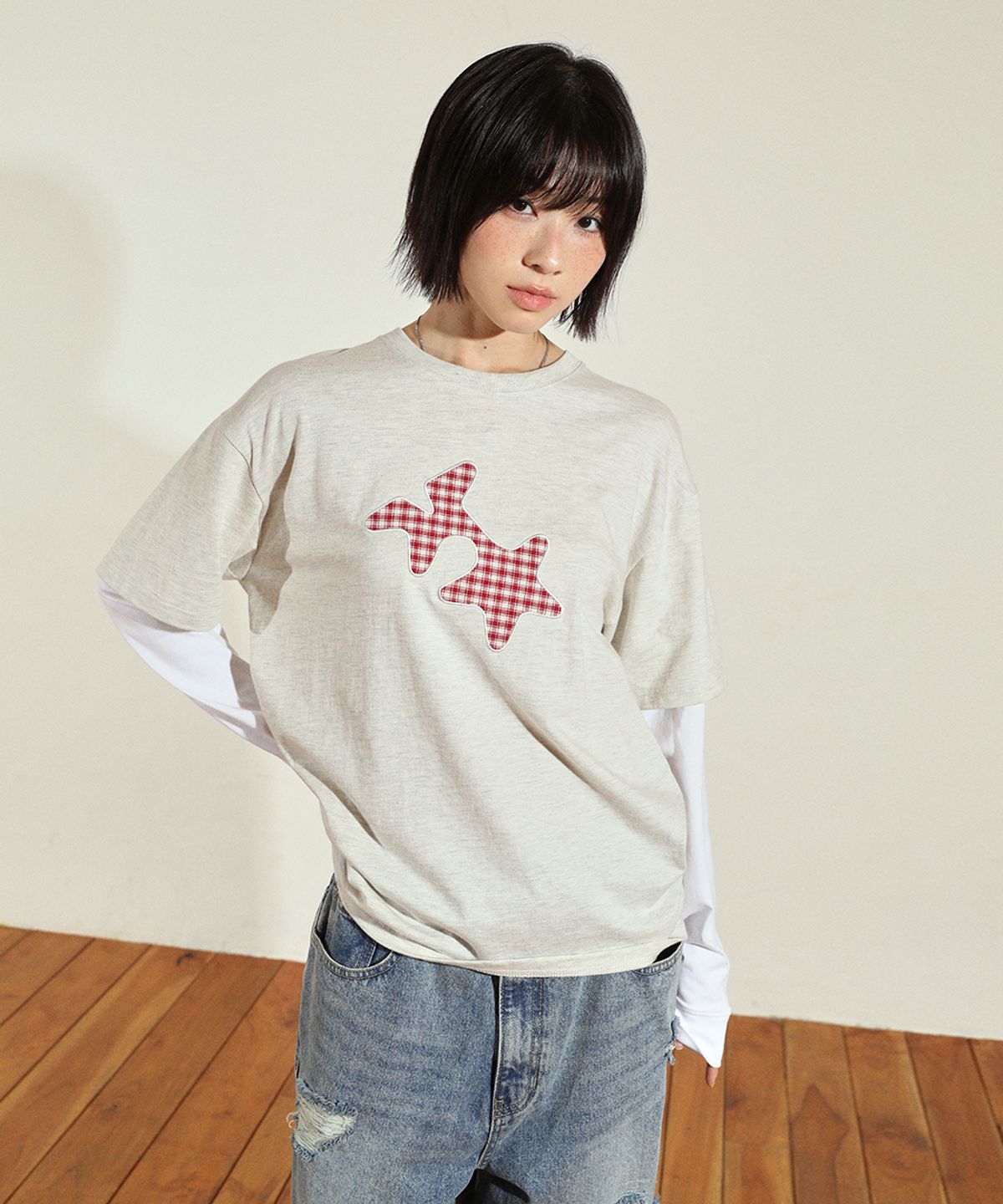 카비시(CAVISH) CHECK TWIN STAR LAYERED LS TEE OATMEAL(CV2FFUT578A)