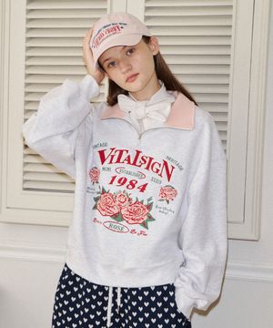 배색 카라 로즈 자수 하프 집업 맨투맨