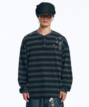 피그먼트 스트라이프 헨리넥 롱슬리브-차콜