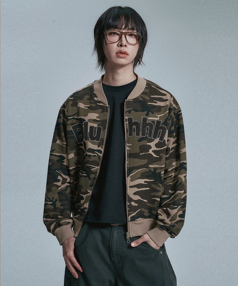 아플리케 카모 집업 스웨트 점퍼 - 베이지