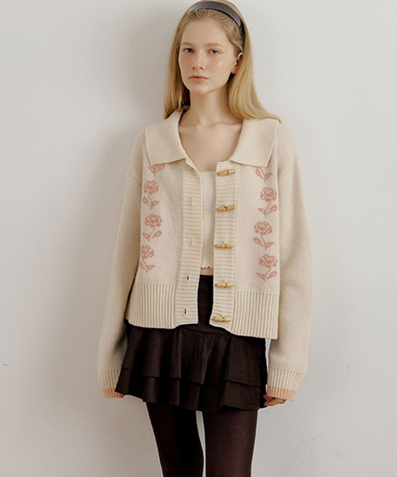 FLOWER WOOL CARDIGAN - BEIGE