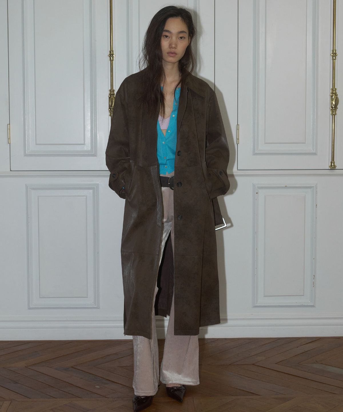더포르타(THEPORTA) CLASSIC FAUX LEATHER LONG COAT, BROWN