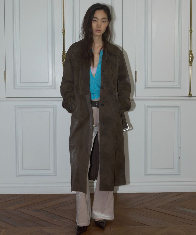CLASSIC FAUX LEATHER LONG COAT, BROWN