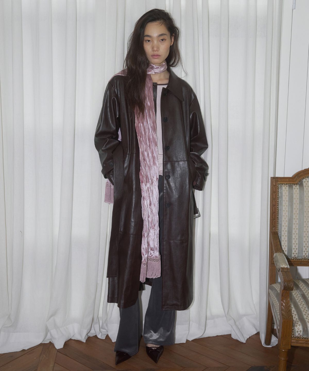 더포르타(THEPORTA) CLASSIC FAUX LEATHER LONG COAT, WINE