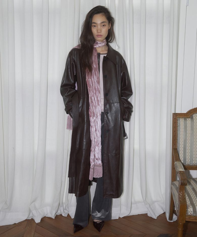 CLASSIC FAUX LEATHER LONG COAT, WINE
