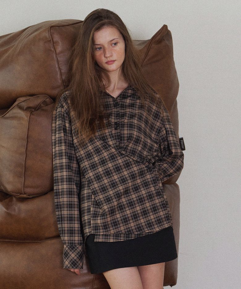 Plaid Check Cross Button Shirt_Pink Black