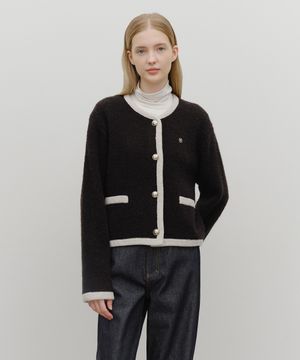 W BOUCLE KNIT ROUND NECK CARDIGAN black