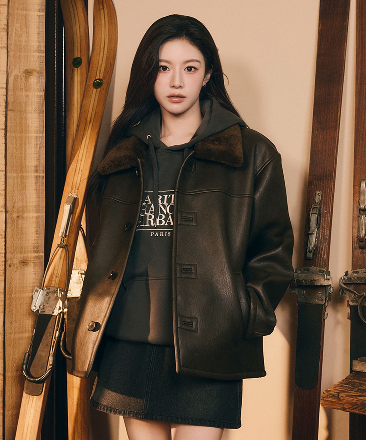 마리떼 프랑소와 저버(MARITHÉ + FRANҪOIS GIRBAUD) FAUX LEATHER OVER FIT MUSTANG JACKET brown