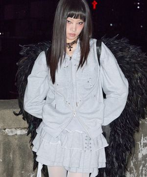 Eyelet Cross Hood Zip Up (MELANGE GREY)